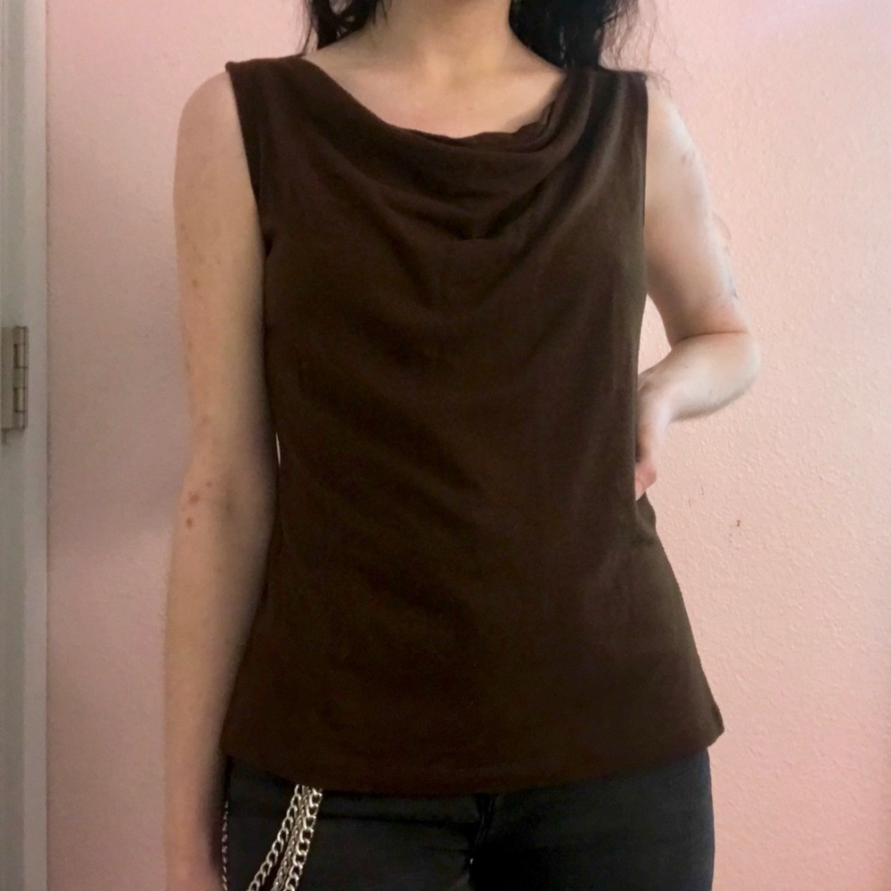 Brown Cowl Neck Fitted Top